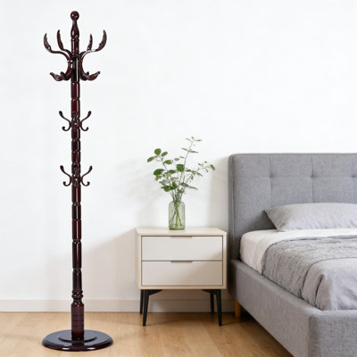 Freestanding Wooden Coat Rack Tree Stand With 14 Hooks And Adjustable Height, Sturdy Solid Wood Hall Tree With Wide Base For Entryway, Hallway, Bedroom