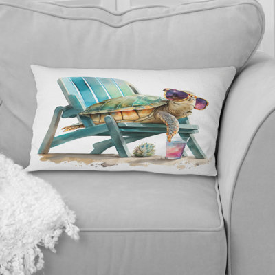 Turtle Laying On A Beach Chair With Sunglasses I - Turtle Printed Pillow