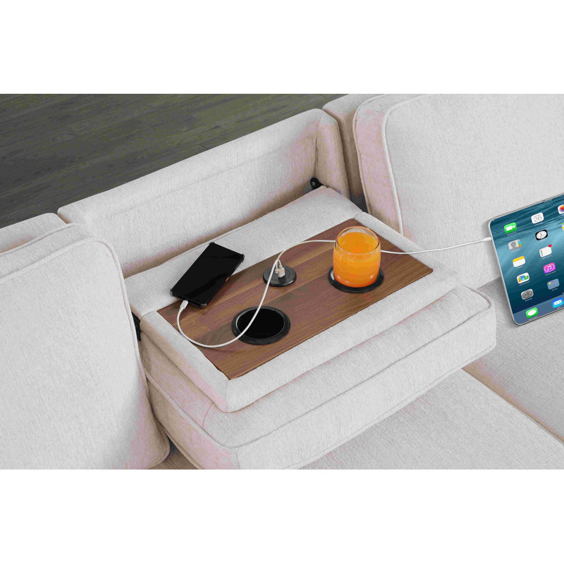 Modern Sleeper Sofa With Pull Out Bed & Storage Chaise, Beige Chenille