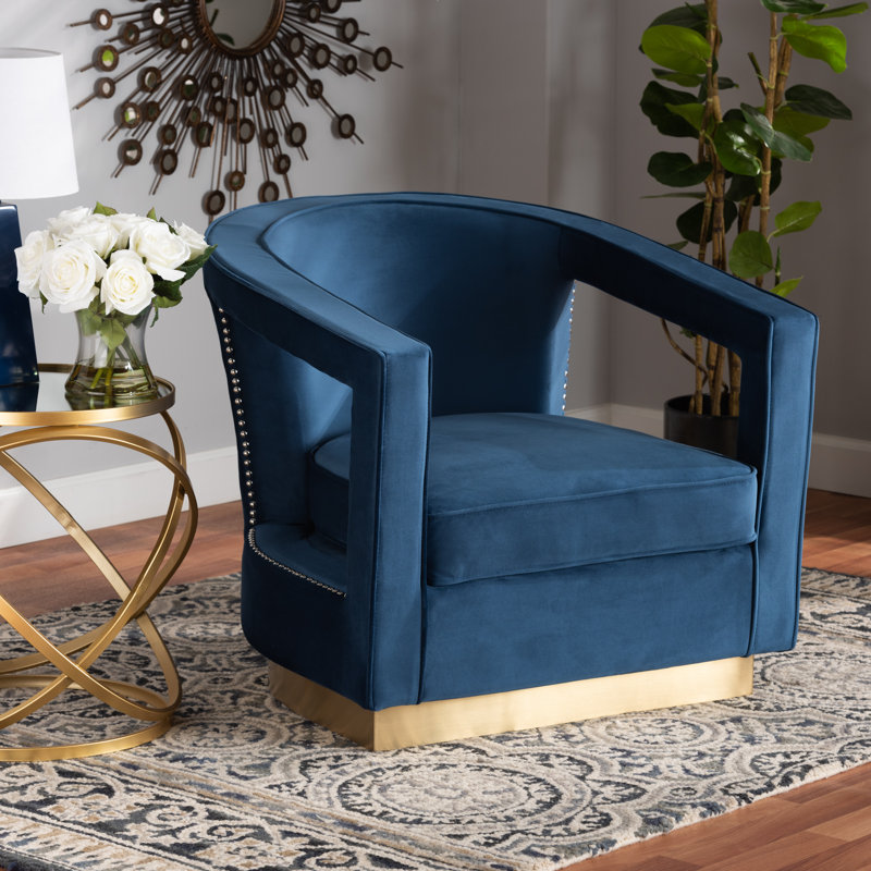 Neville Navy Blue Velvet Barrel Accent Chair with Gold Base
