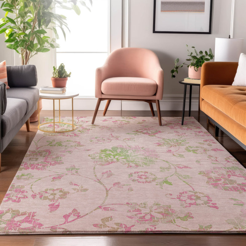 Tapis rose Prisco lavable à la machine de qualité supérieure, Rectangle 9 pi x 12 pi