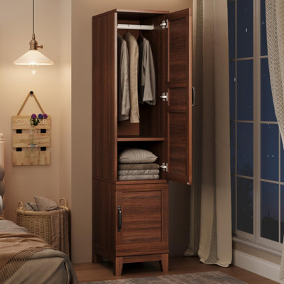Armoire-penderie en bois robuste - 2 portes, 72 po de hauteur, tringle suspendue, 18 tablettes réglables, rangement pour chambre étroite - finition noyer, brun
