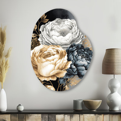 Blanc, or et noir, bouquet de roses I - Art mural en métal rose asymétrique, reproduction de sculpture murale en métal de forme unique