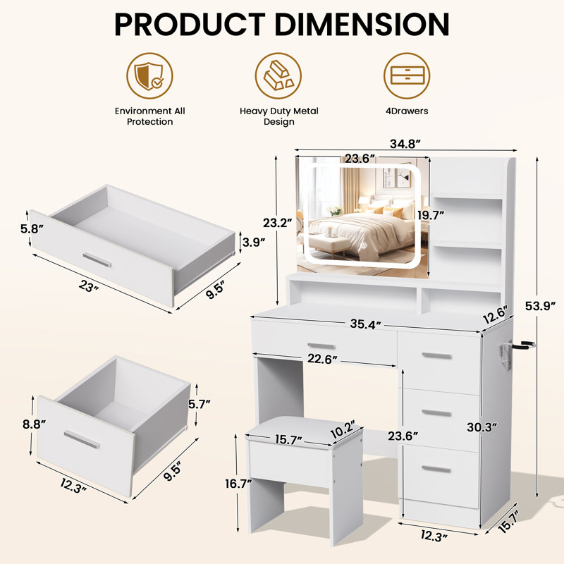 Ensemble coiffeuse en bois blanc à 4 tiroirs avec miroir DEL, tabouret et étagères de rangement à 3 niveaux, Blanc
