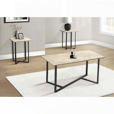 3-Piece Coffee Table Set Cream Stone and Black Metal