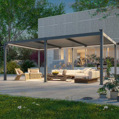 Pergola moderne en aluminium avec persiennes réglables, lumières DEL et charge solaire, pour balcon, terrasse et jardin