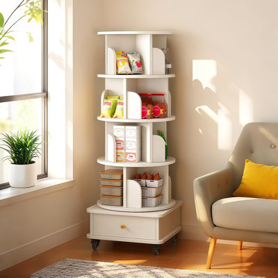 Bibliothèque rotative à 5 niveaux, bibliothèque rotative à 360 ° avec roulettes et tiroir, peu encombrante, petite bibliothèque rotative pour chambre à coucher, salon, maison, bureau, blanc chaud