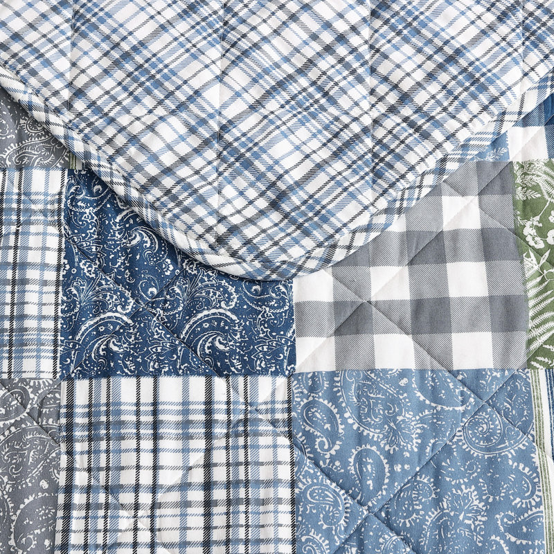 Blue Cotton Twin Reversible Patchwork Quilt Set