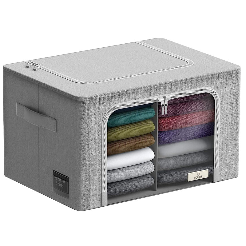 Large Storage Box Two-Compartment Foldable with Window & Handles - Single Piece, Gray
