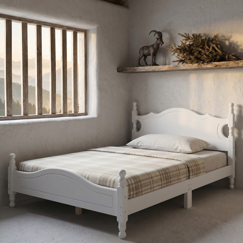 Structure de lit de chalet blanc rustique pleine grandeur, lit plateforme en bois courbé, aucun sommier requis, assemblage rapide