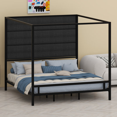 Tall Linen Upholstered Headboard Modern Canopy 4-Poster Bed Frame