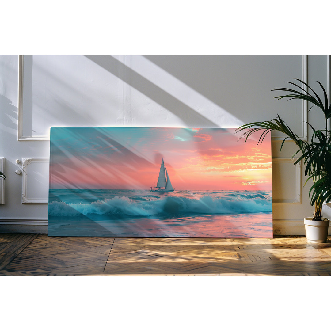 Leinwandbild gerahmt 120x60cm Segelboot Sonnenuntergang Horizont Meer Wellen