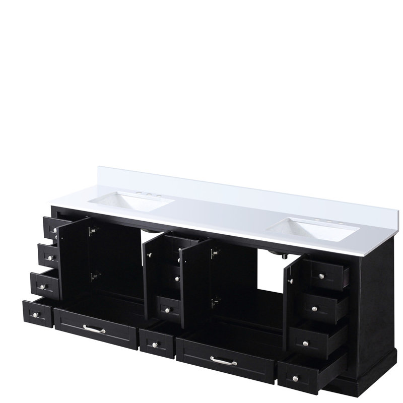 Meuble-lavabo double 84 po L 22 po x P - Structure en bois massif, plateau en quartz, fermeture en douceur, résistance aux égratignures et aux taches, nombreuses options de rangement, portes fermées, espace