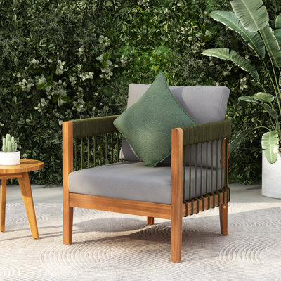 Chaise de véranda en bois, détails de corde tissée à la main, dossier incurvé, coussins imperméables, corde à faible entretien, amovible à l'eau