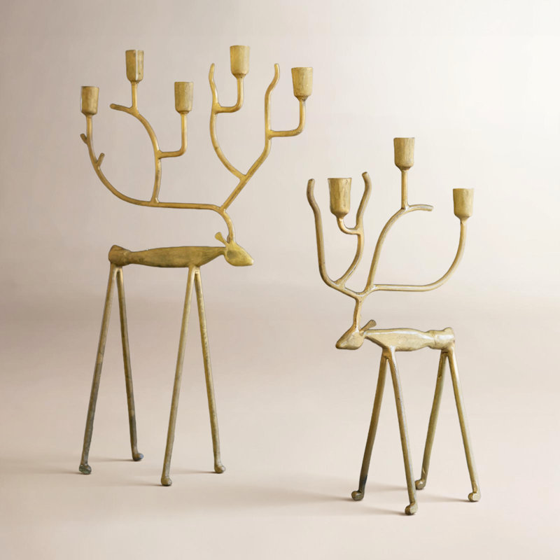 Kalaou Set of 2 Antique Gold Forged Iron Christmas Deer Candelabras