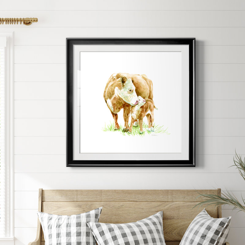 Vache et veau - Peinture encadrée, H 26,5 po x l 26,5 po x P 1,5 po, Cadre noir