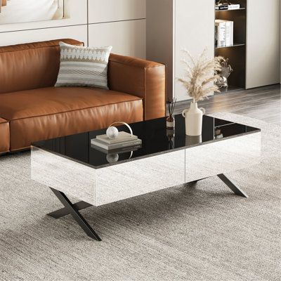 Table basse rectangulaire à miroir pour le salon avec rangement et base en métal, 2 tiroirs, plateau noir ultrabrillant, 47,3 po