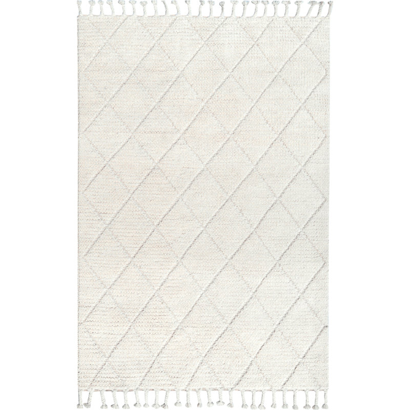 Tapis ivoire en laine tissé à la main à motif géométrique Hedva, Rectangle 8 pi x 10 pi