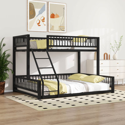 Twin XL Over Queen Floor Bunk Bed, Metal Bunk Bed Frame With Ladder & Guardrails For Bedroom, Guest Room