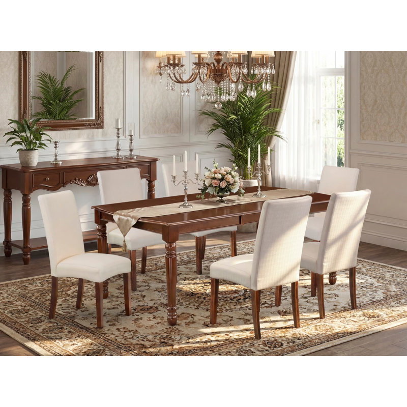 7-Piece Dining Table Set Includes a Rectangle Wooden Table with 6 Cream Linen Fabric Upholstered Chairs, Mahogany, Mahogany