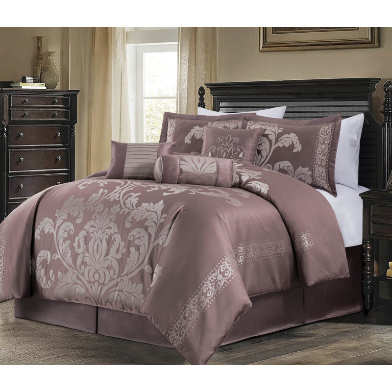King Woodrose and Gray Jacquard Floral Comforter Set