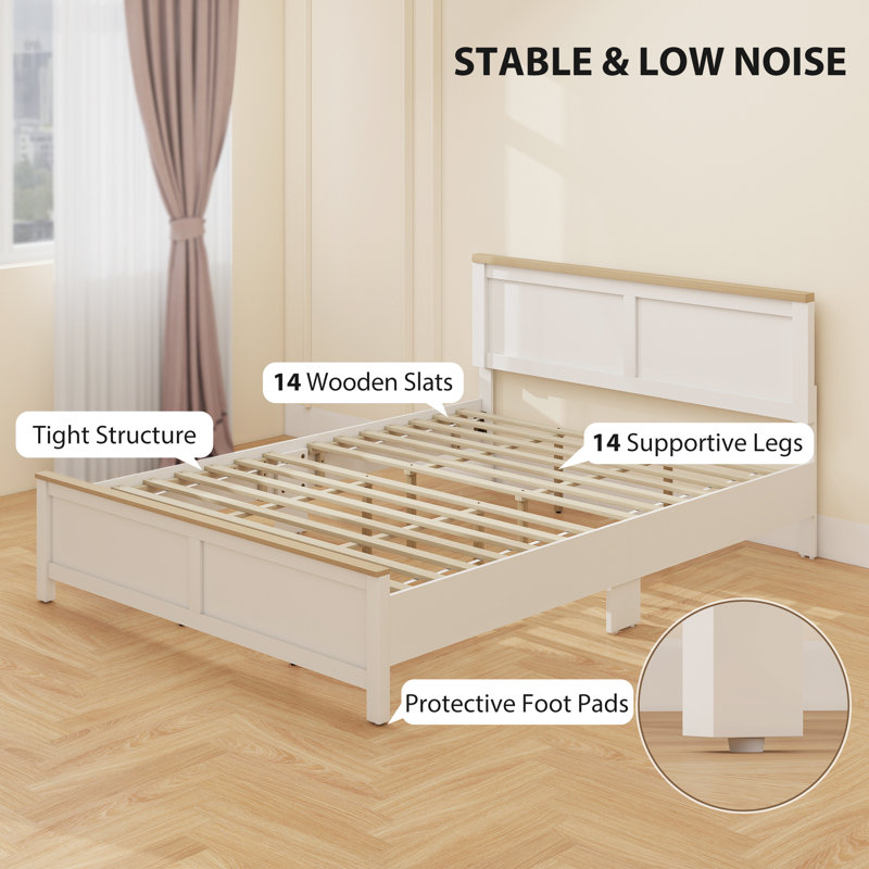 Queen Size Bed Frame with Headboard and Footboard, Queen Platform Bed Frame with Wooden Slats, Under-Bed Storage, No Box Spring Needed, Easy Assembly, White