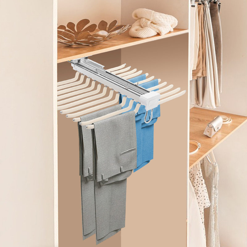 Pull-Out Double Row Pants Organizer with Sliding Rails Space-Saving Closet Pants Rack for Wardrobe Storage