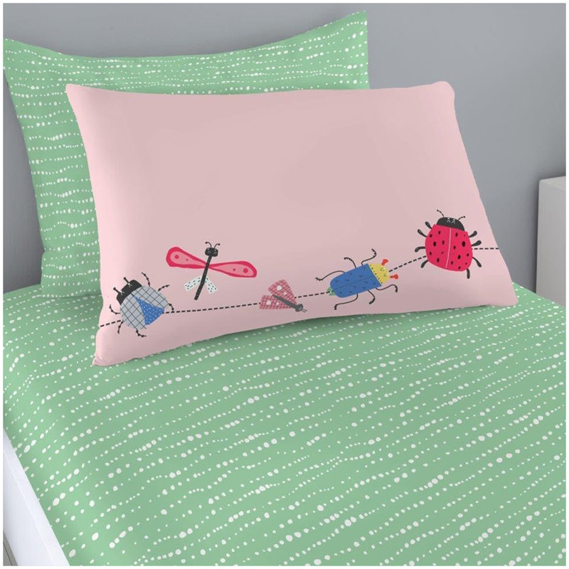 Kids Colourful Bugs Fitted Sheet Set Cotton Blend Bed Linen with Pillowcase Elasticated Edges Secure Fit Soft Easy Care Durable
