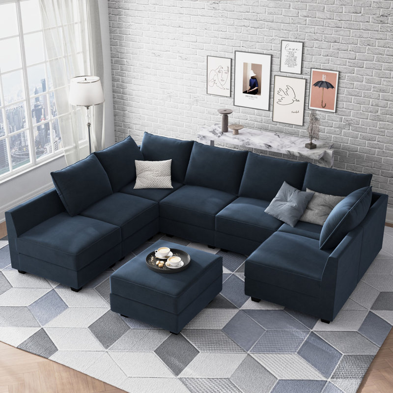 Tremee Modular Corner Sectional Velvet Sofa & Chaise with Ottoman, Blue Velvet