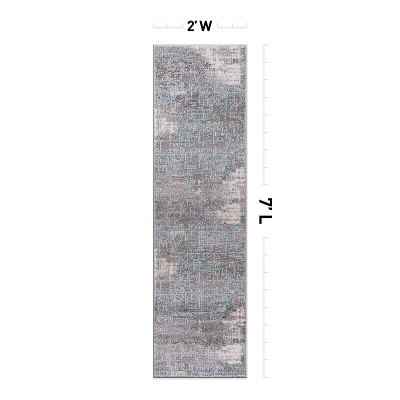 Rambo Abstract Ivory/Gray/Blue Area Rug, Runner 2' x 7'