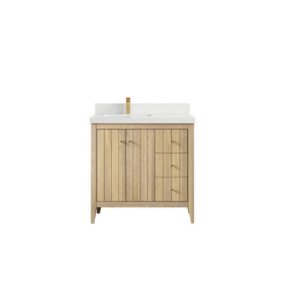 Atlanta White Oak Wood 36 In. W X 22 In. D Left Offset Sink Bathroom Vanity With 2 In. Frosty Carrara Quartz