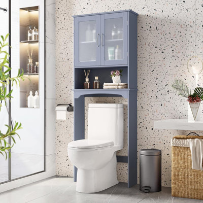 Au-dessus de la toilette, armoire de toilette autoportante avec tablettes réglables et portes en verre trempé pour salle de bain, espresso