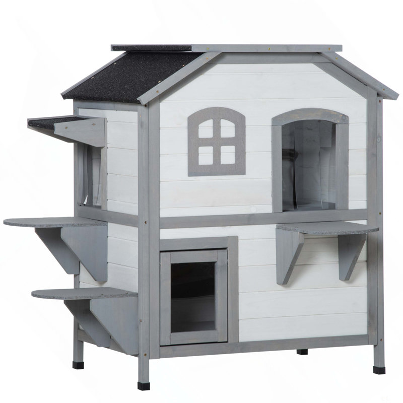 Enceinte d'extérieur en bois pour chat 2 étages pour chat sauvage avec porte de secours, toit ouvrable, plateformes de saut