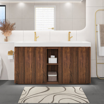 Meuble-lavabo moderne noyer Winston 60 po avec lavabo une pièce à double cuve en quartz blanc