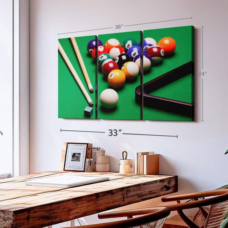 «Game Of Billiards», 3 pièces sur toile, H 24 po x l 38 po x P 1,25 po