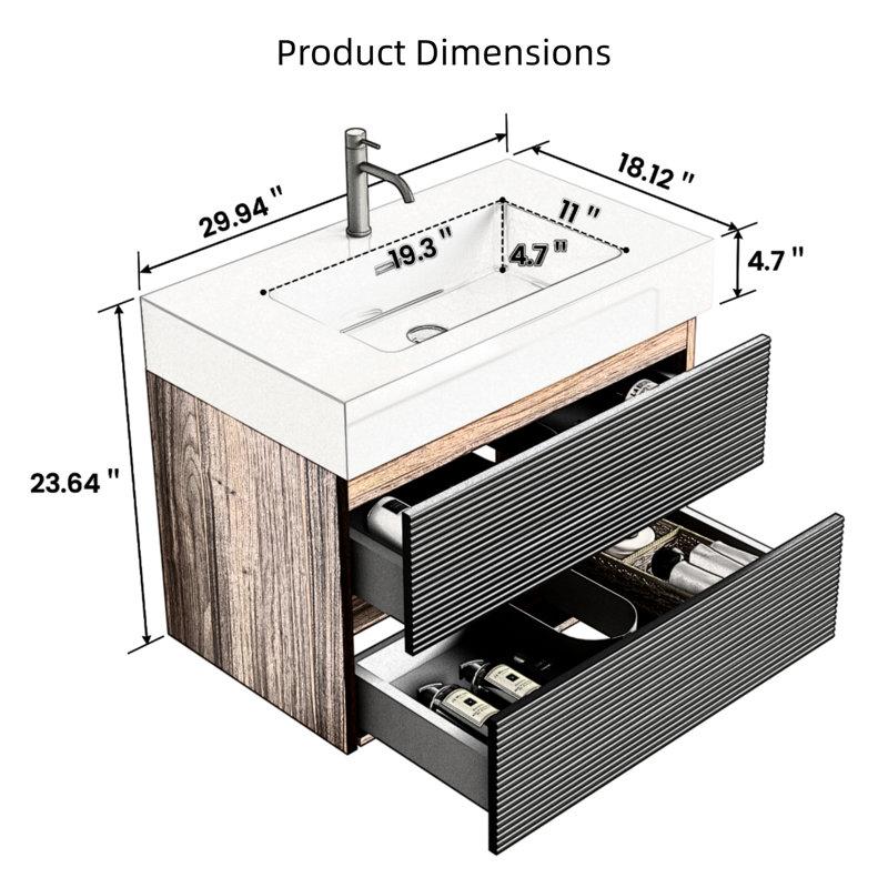 Meuble-lavabo mural 30 po, tiroirs noirs doux, lavabo blanc brillant, 2 tiroirs