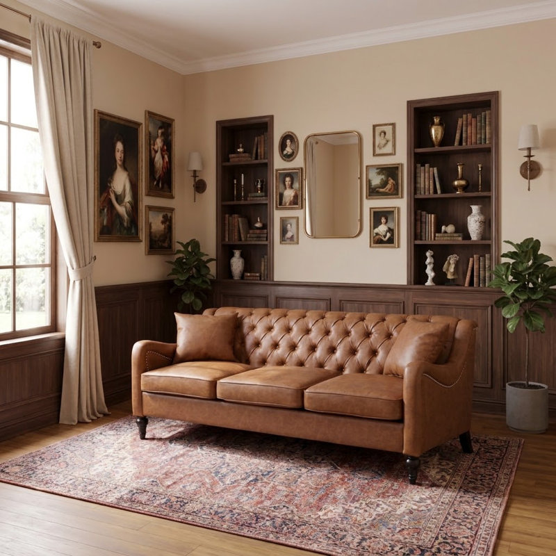Classic Tufted Sofa with Nail-Head Trim and Solid Frame, Includes Throw Pillows, Brown