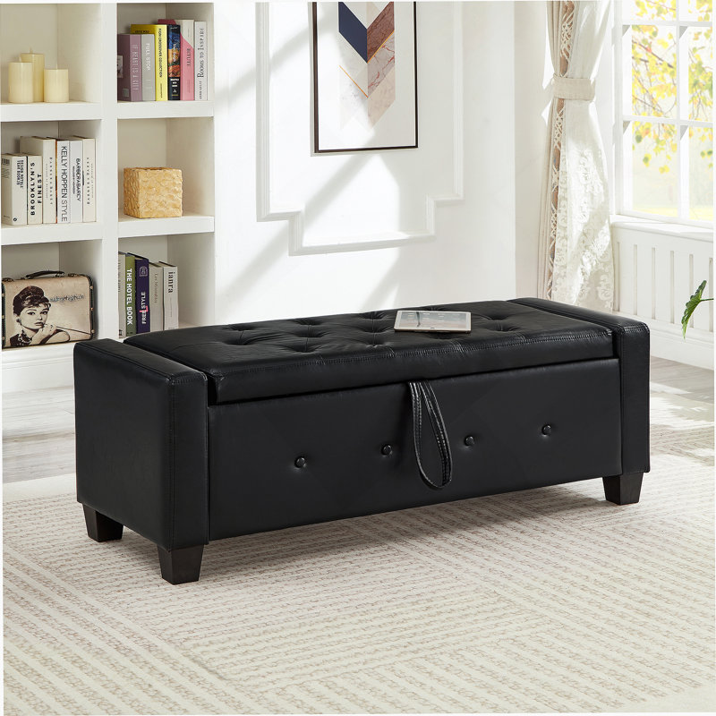 48" Ottoman Bench With Storage, Bench For Bedroom,Living Room,Hallway, Upholstered Tufted Faux Leather PU Ottoman Black