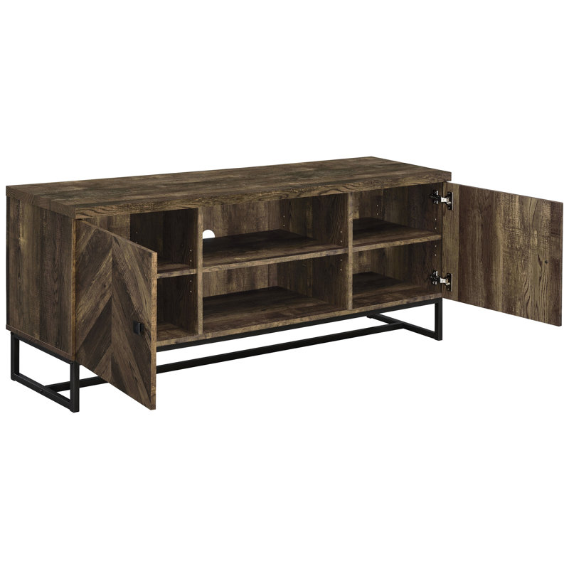 Herringbone Door Front Tv Console In Rustic Oak With Adjustable Shelves And Gunmetal Metal Legs Contemporary Stand Pattern Sled Trestle For Living Areas