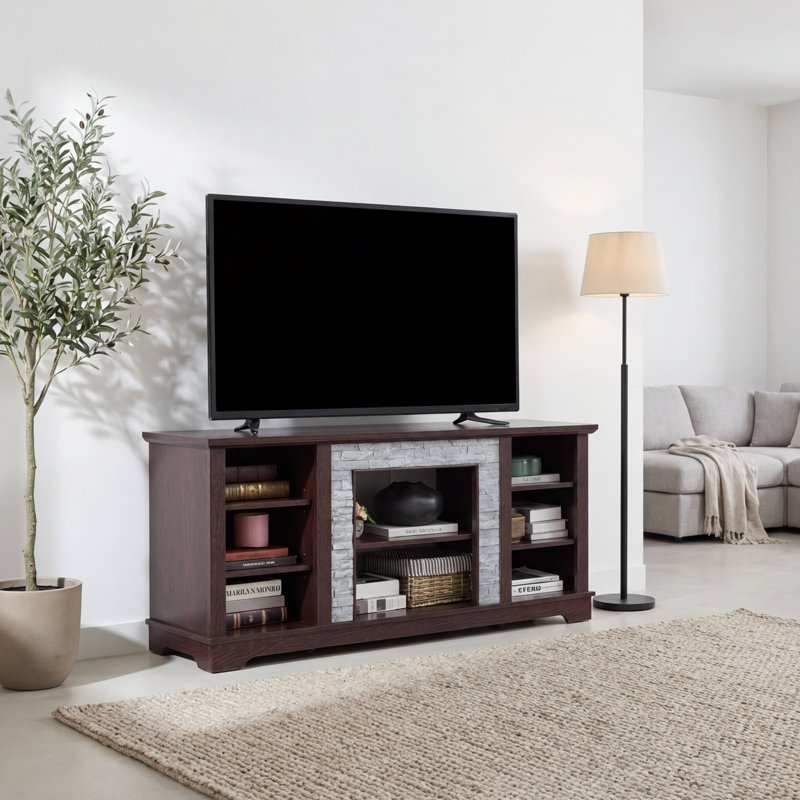 Console de divertissement moderne en simili pierre avec console de divertissement avec compartiments de rangement ouverts et fermés réglables, découpes intégrées pour la gestion des câbles, compatible avec les téléviseurs à écran plat de 65 po ou moins.