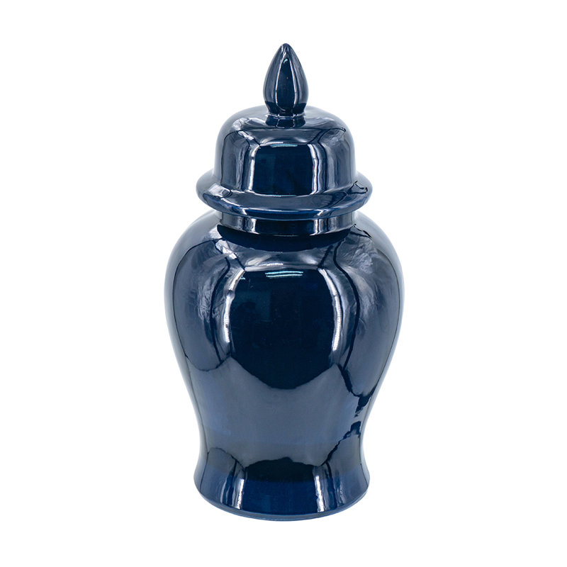 Pot à gingembre classique en céramique avec finition brillante et couvercle de faîteau, Bleu, H 12,2 po x l 6,3 po x P 6,3 po