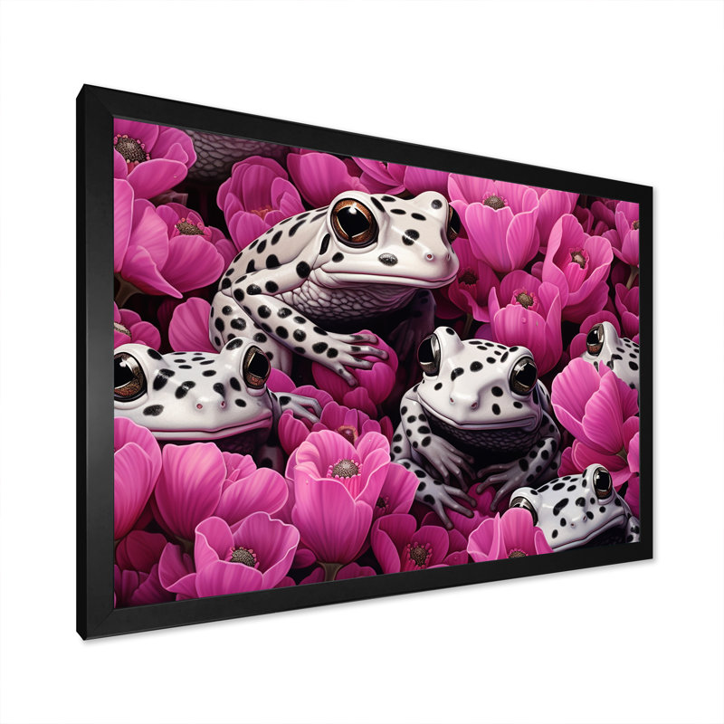 Blanc et rose Pop Art Frog I, Cadre simple noir, H 34 po x l 44 po x P 1,5 po