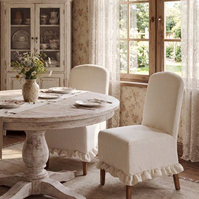 Upholstered Solid Wood Dining Chair - Adjustable Front Feet & Felt Back Pads - Removable Ruffle Skirt Seat Cover for Easy Cleaning