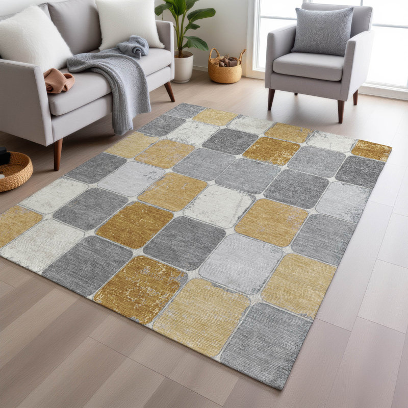 Machine Washable Indoor/Outdoor Xhevrie Gold Rug, Rectangle 5' x 7'6"