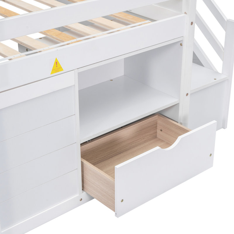Lit simple, lit double en bois massif avec escalier, tablette et tablette, Blanc