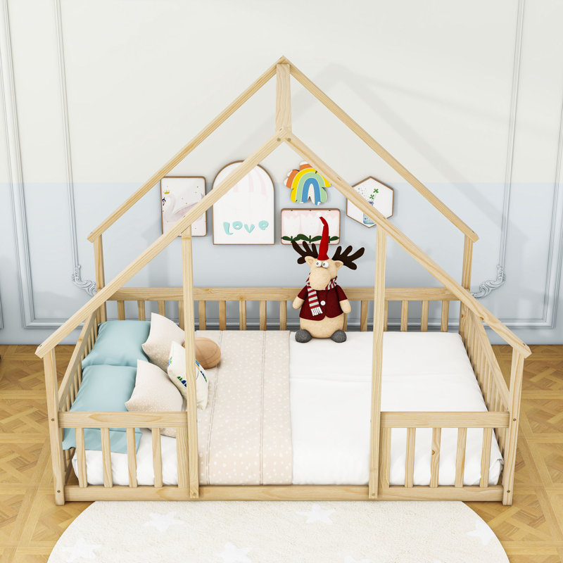 Wooden House Frame Floor Bed With Safety Guardrails, Natural, Full