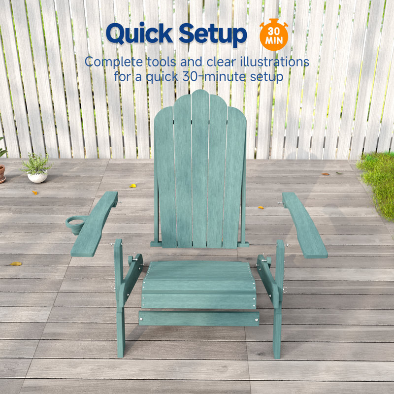 Ergonomic Folding Adirondack Chair with Cup Holder, All-Weather Patio Adirondack Chair for Outdoor, Easy Assembly, Lake Blue