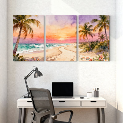 Palm Trees Tropical Sunset Beach Palm Trees Flowers Set of 3 Canvas Wall Art Prints