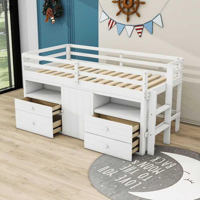 Jeani Kids Bed with Drawers and Shelves, White