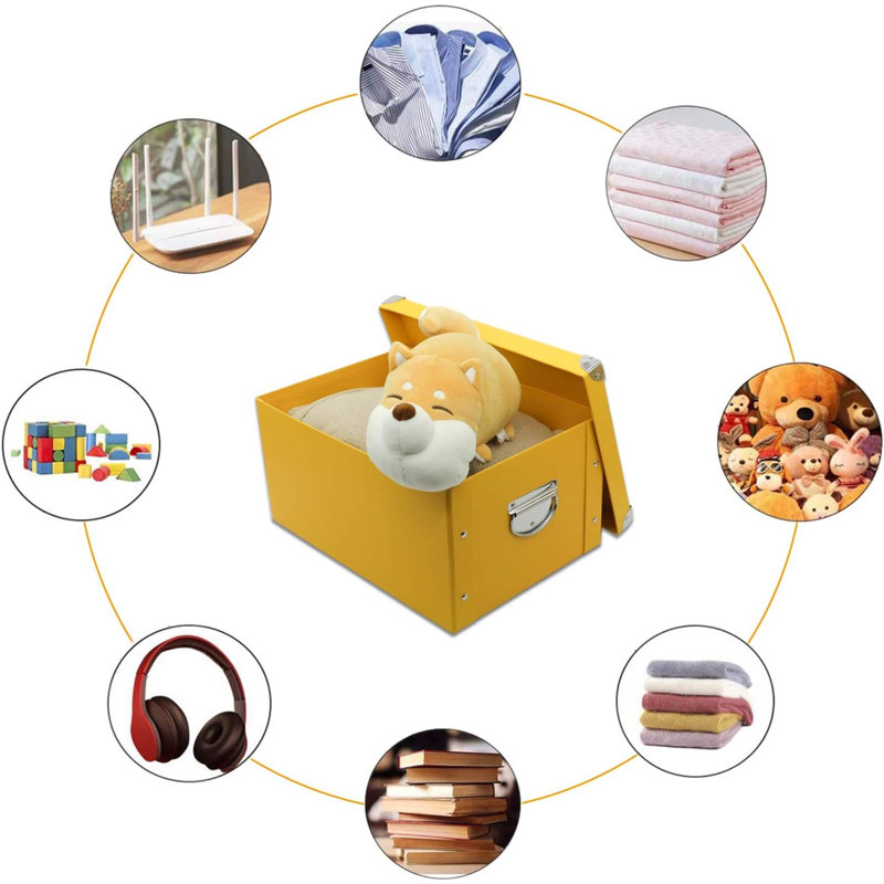Collapsible Storage Box, Decorative Memory Box With Lid & Metal Reinforced Corners, Cardboard File Bin With Handles, Organizer Gift Box For Keepsake Toy Photos Office Nursery Wardrobe Bookshelf